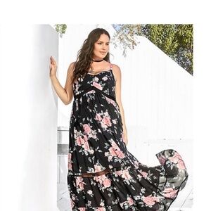 Torrid Black Dress with Pink and Green Floral Design